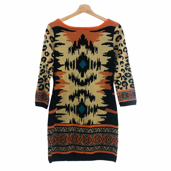 Flying Tomato MEDIUM Orange Knit Mini Sheath Sweater Dress Tribal 3/4 Sleeve - Picture 5 of 6